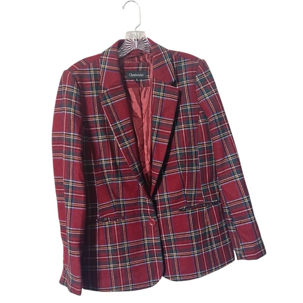Chadwicks Womens Red Wool Blend Tartan Blazer‎ Christmas Preppy Academia Winter